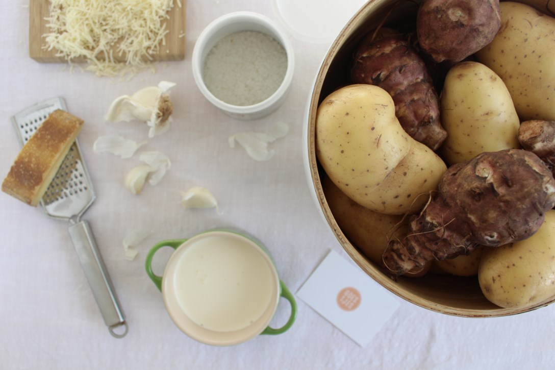 ingredienten voor gratin van aardpeer en aardappel goestjes